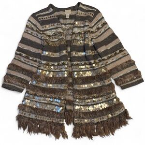Chico’s brown neutral striped embellished sequin fringe feather cardigan sweater